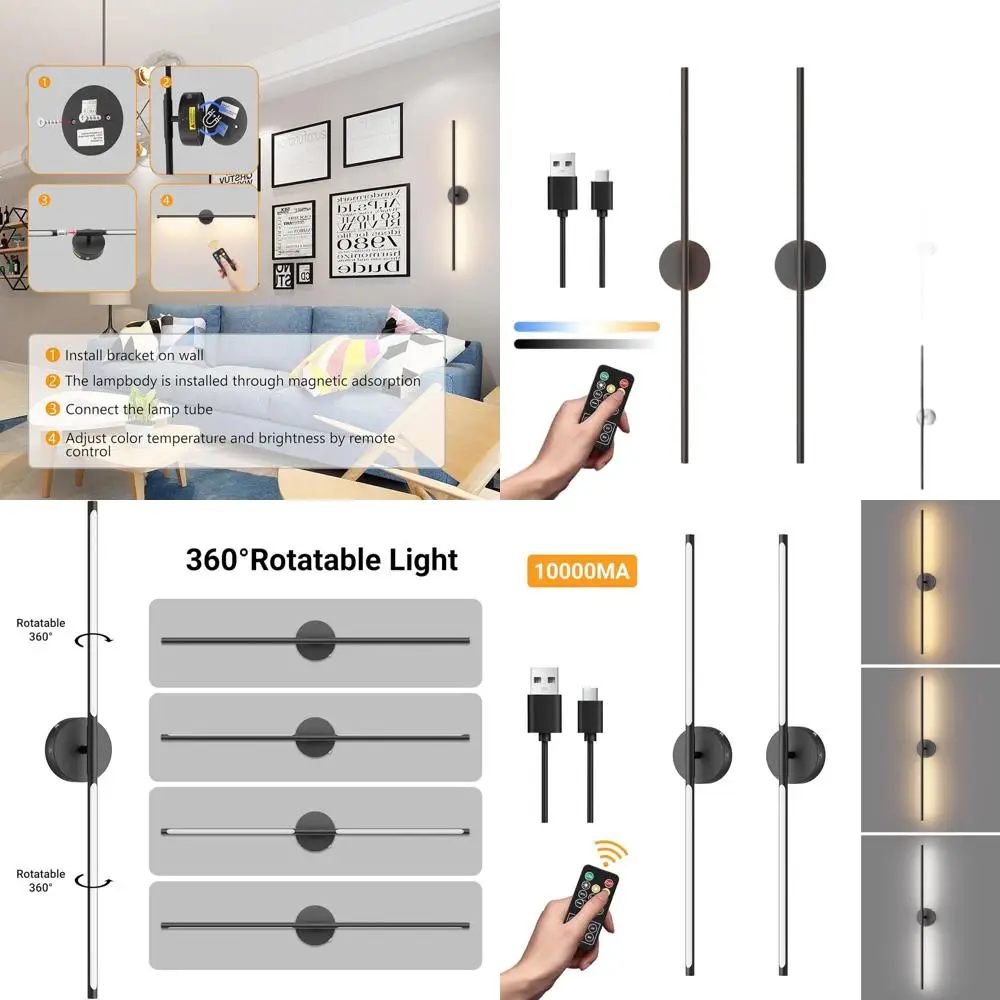 

Pair of Rechargeable 360° Rotating Wall Sconces with Remote Control, Dimmable Detachable Design, 32.7 Length, 3000K-6000K Color