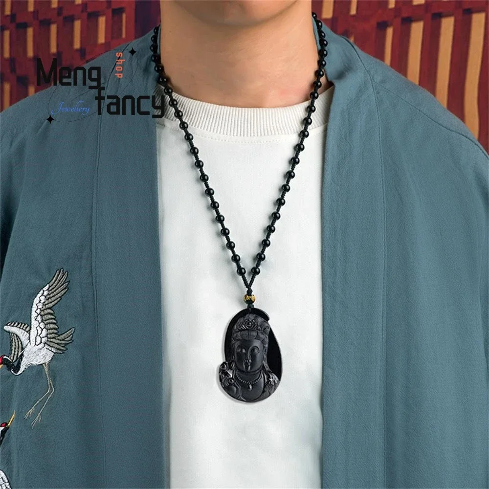 Natural A-goods Jadeite Ink Cui Guanyin Head Jade Pendant Exquisite Engraver Buddhist Amulets Handicraft Fashion Luxury Jewelry