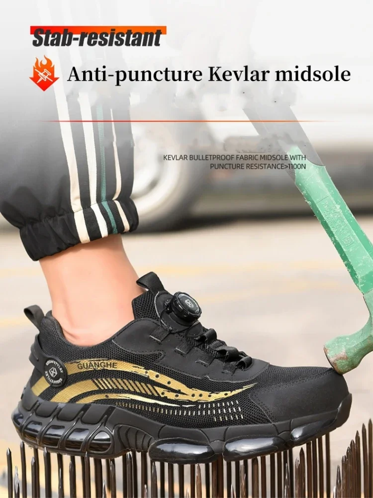 Sapatos de trabalho masculinos fivela rotativa tênis de trabalho sapatos de proteção segurança industrial à prova de punctura anti-esmagamento sapatos de dedo do pé de aço