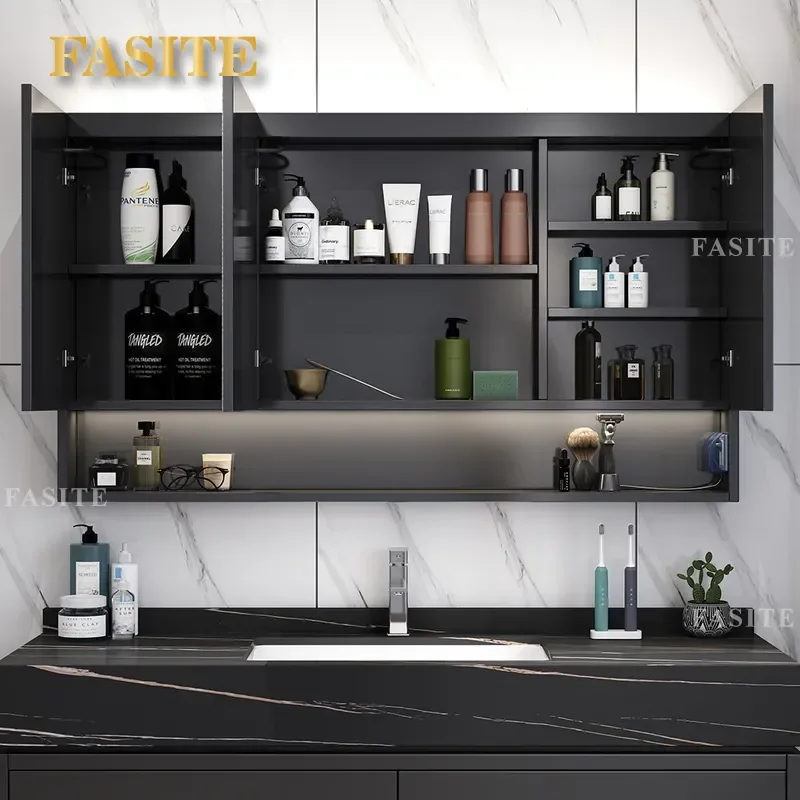 For Bathroom Wall Mounted Stainless Steel Mirror Cabinet with LED Light Open Grid Storage Washstand Vanity Unit Modern Design