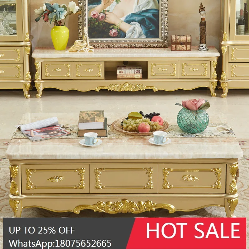 

HLZ European Style Marble Coffee Table TV Cabinet Combination Set Champagne gold Living Room Furniture Floor Cabinet