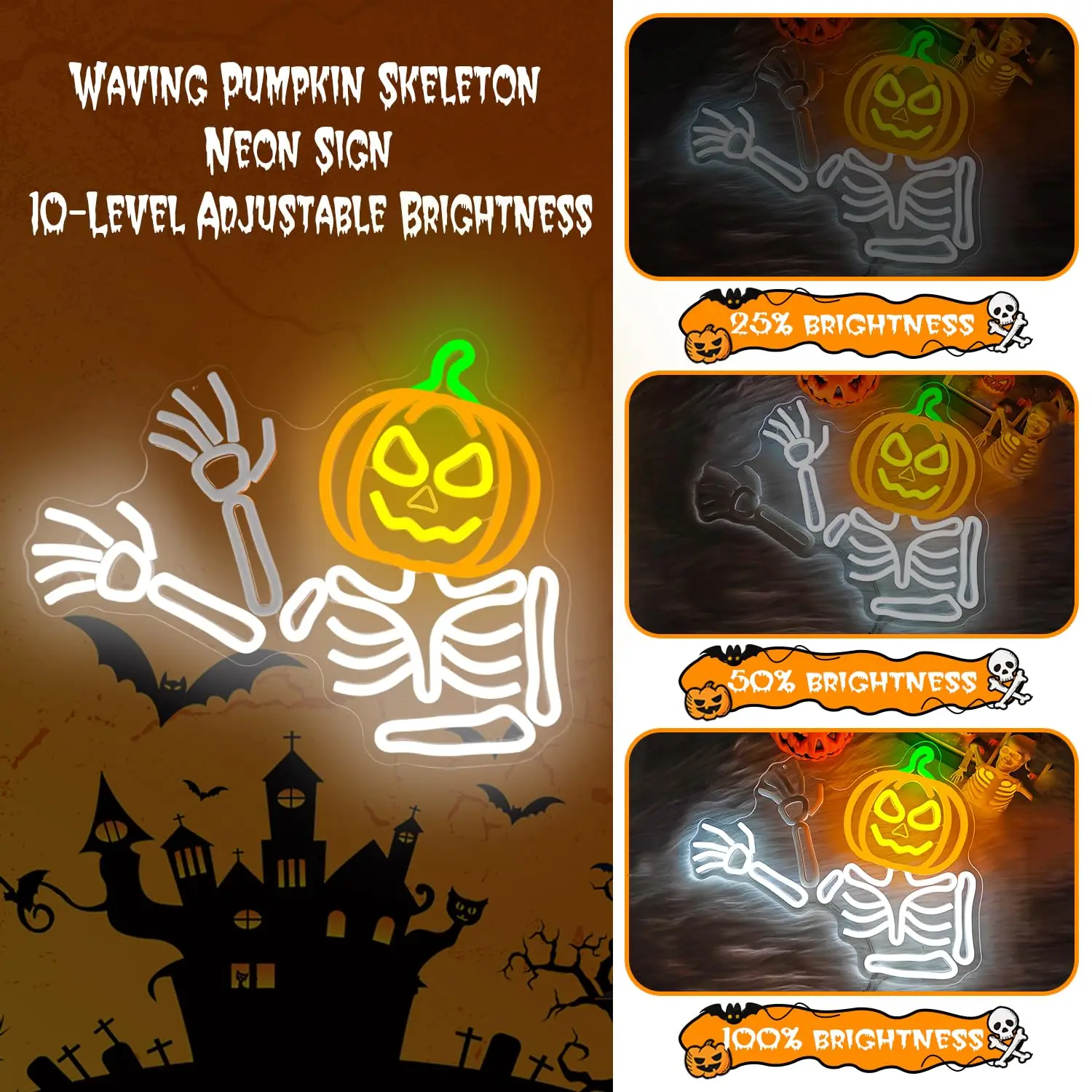 Waving Skeleton Pumpkin Neon Sign Dimmable Skeleton Flashing Neon Sign Wall Decor for Halloween Window Party Game Room