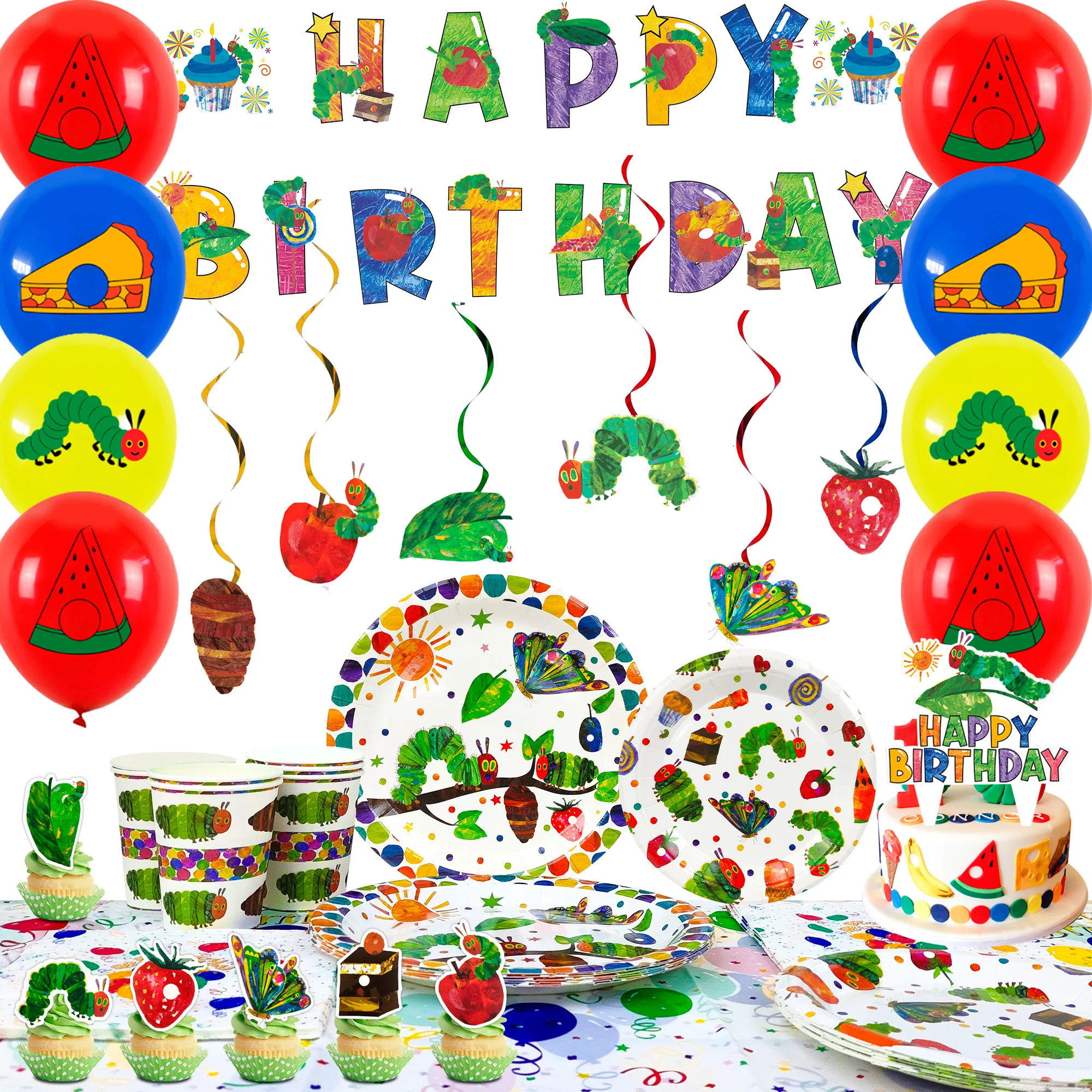

The Very Hungry Caterpillar Party Supplies,73pcs Hungry Caterpillar Birthday Decorations & Tableware Set-Plates Tablecloth etc