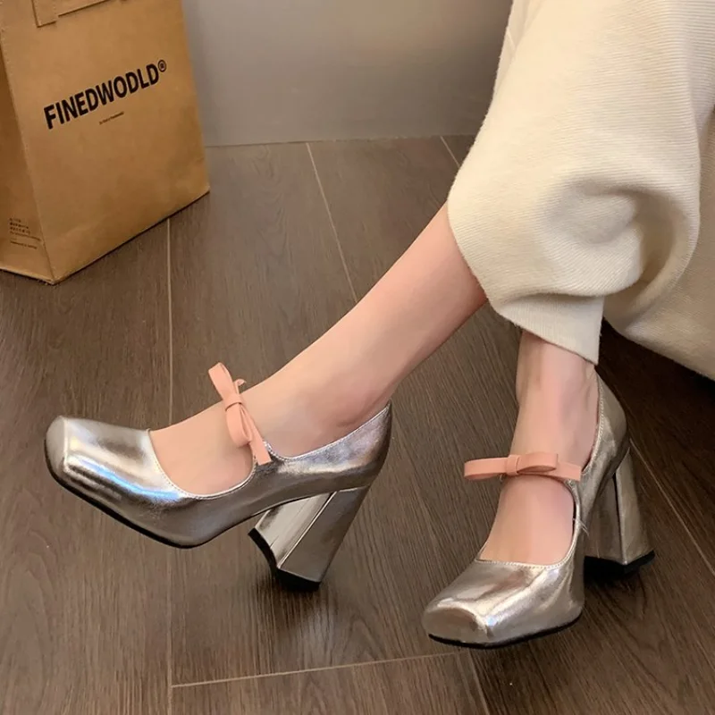 Women Square Toe Marie Janes High Heels Shoes Summer New Design Dress Shoes Fashion Brand Elegant Shoes Sliver Chunky Pumps