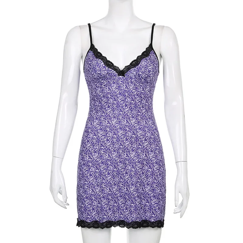 Floral Dress Female 2024 New Female Skirt Style Lace Stitching V-neck Open Back Suspender Skirt Female Waist Dresses for Women