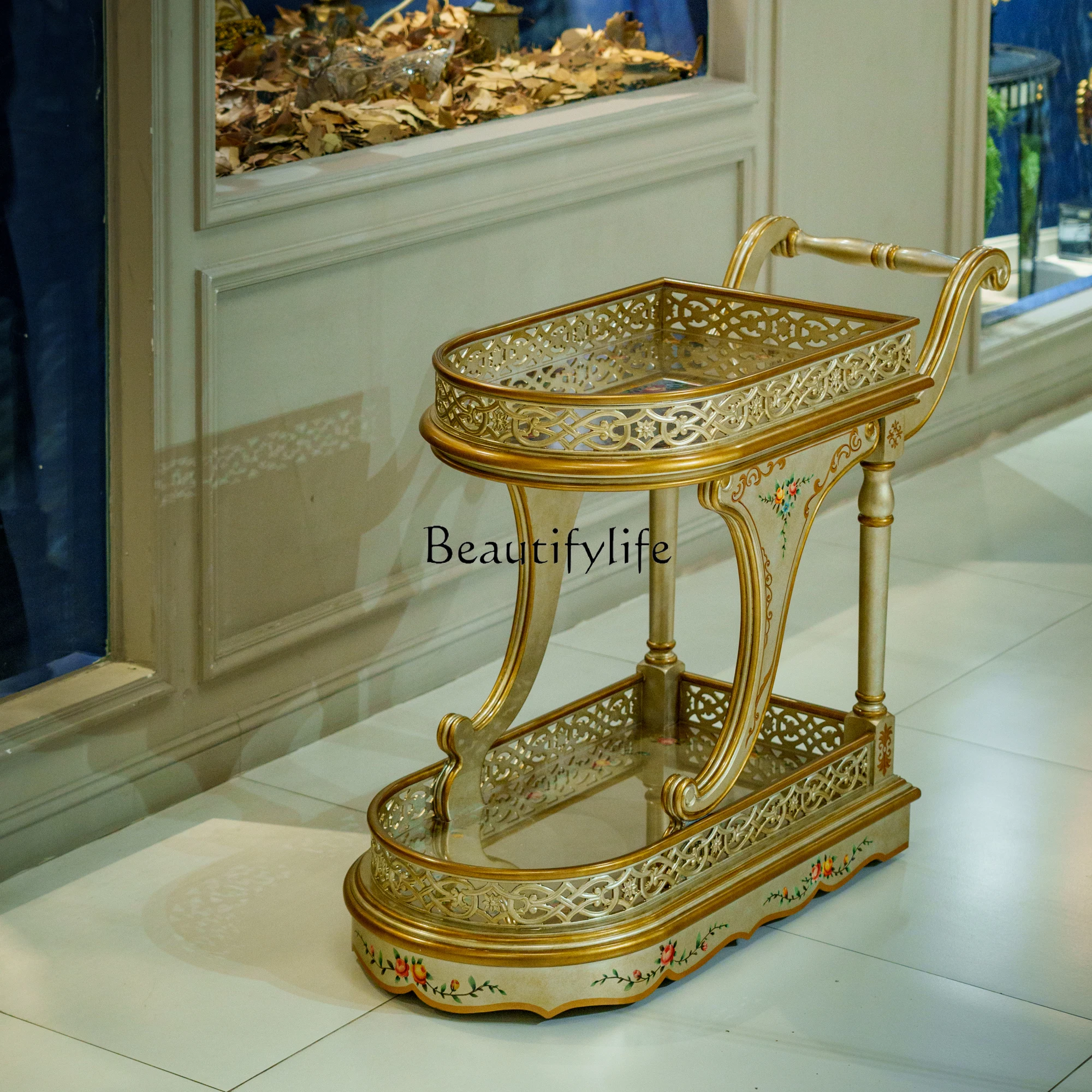 

French classic solid wood four-wheel family dining car handmade art painting European light luxury double-layer cart