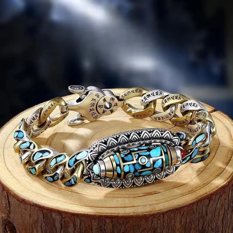 Fashion turquoise six-character mantra nine-eye pearl silver bracelet retro bracelet unisex.