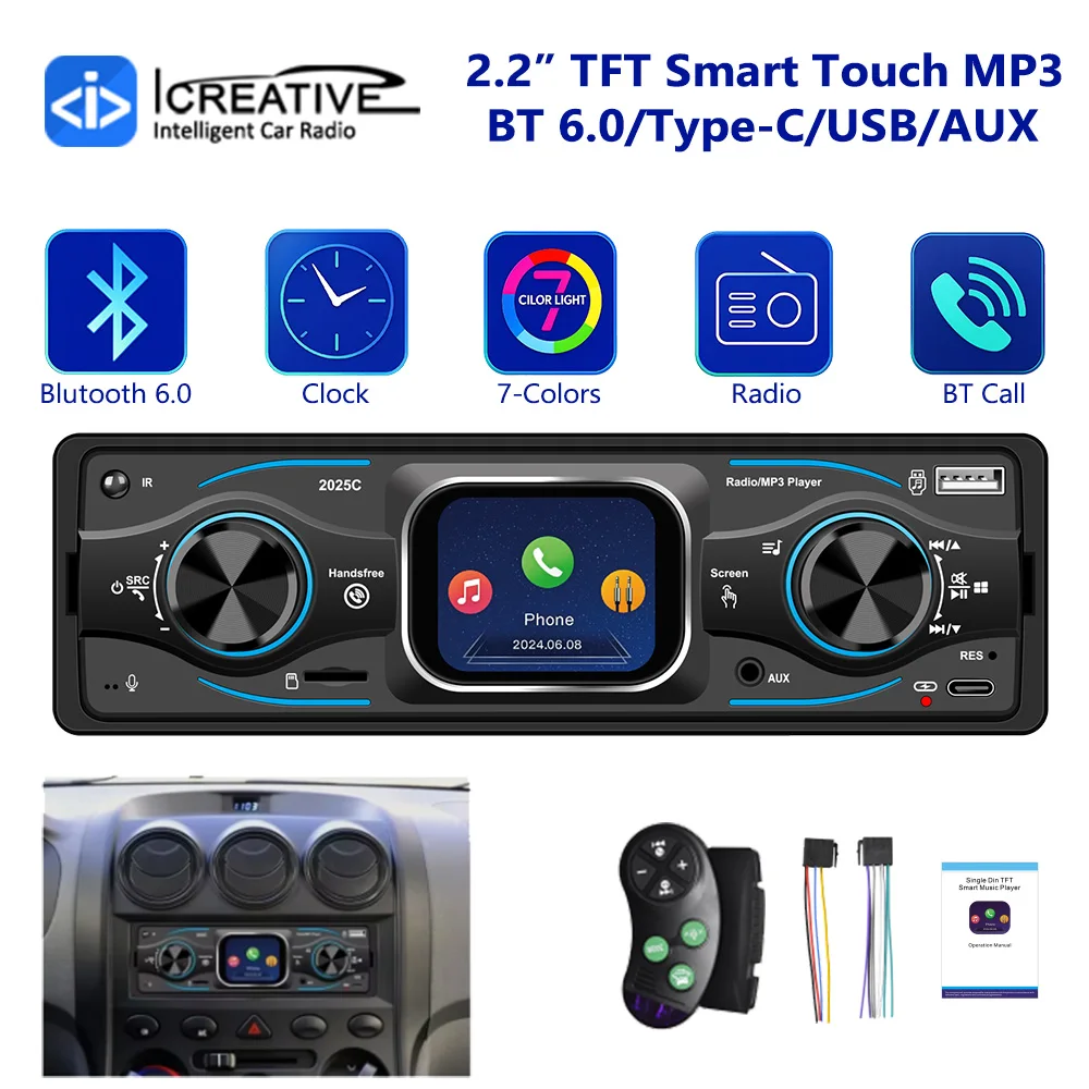ICREATIVE Single 1 Din Universal Car MP3 Player FM Stereo Radio Bluetooth 6.0 Handsfree USB/AUX/Type-C 7 color Remote Control
