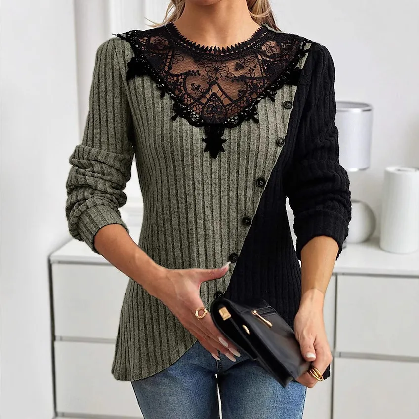 2025 Spring Autumn Women's T-shirtLace O-Neck Hollow Color Blocking Pit Strip Cross Hem Long Sleeve Knitted Tees