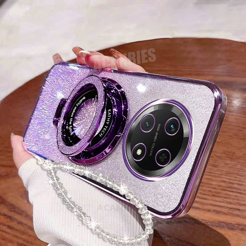 

Glitter Plating Holder Chain Shockproof Case for Huawei Honor Magic 7/6/5 Lite X9c/X9b/X9a Lanyard Silicone Stand Cover