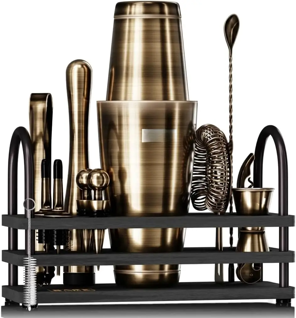 14-piece Cocktail Shaker Martini Barware Mixing Set, 28oz Jet Black, with 35 Recipe Cards for Home Bartending