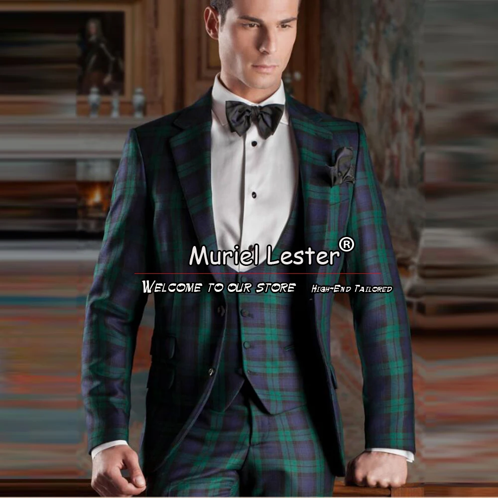 

Vintage Green Plaid Check Men's Suits For Wedding Black Peak Lapel Jacket Vest Pants 3 Pieces Business Party Prom Blazer Sets