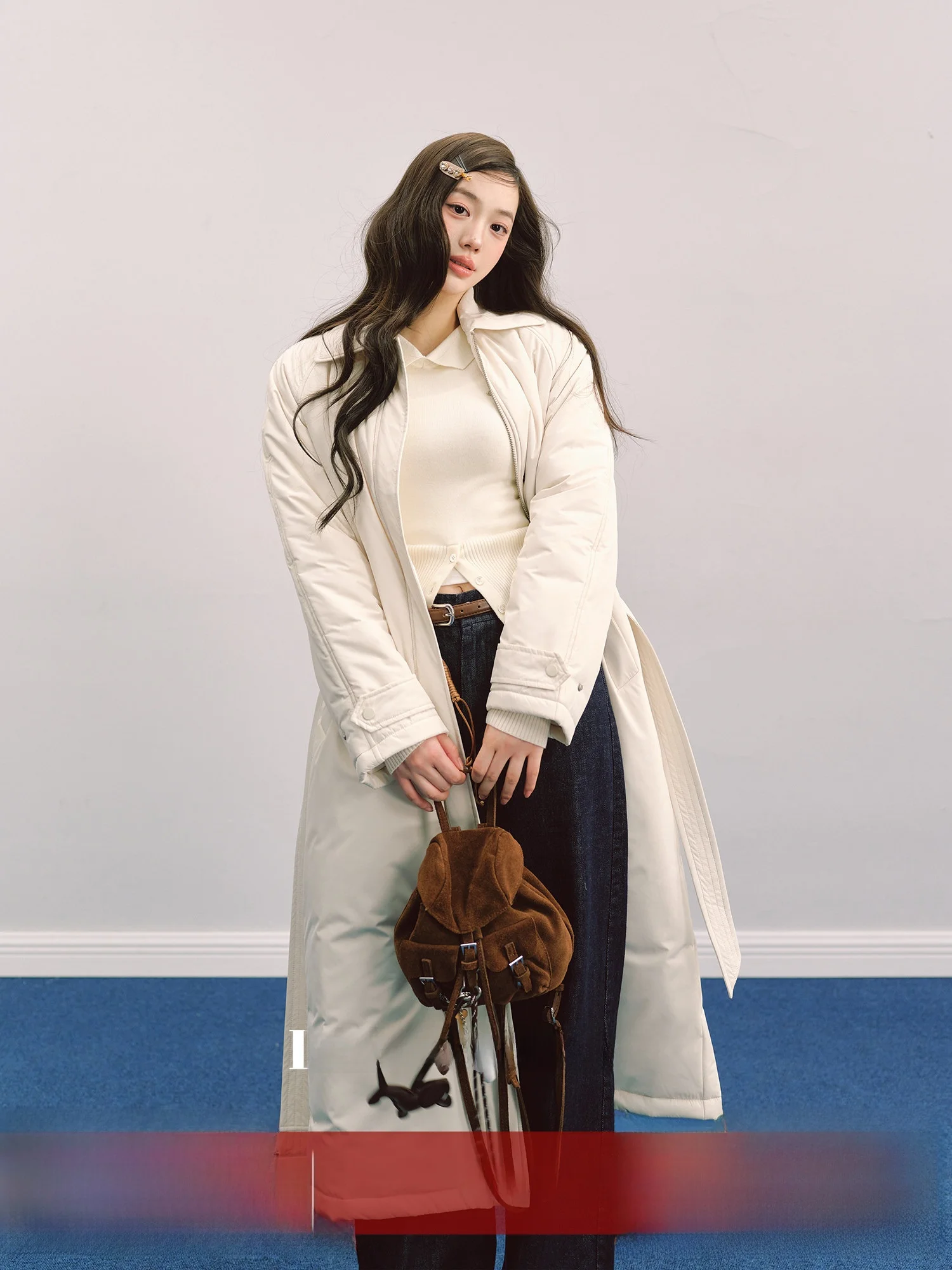 

La Lune Du Ciel Long Parka Women's Coat Detachable Collar Waist Belt Waterproof Cotton Outerwear Korean Sle Straight Cut