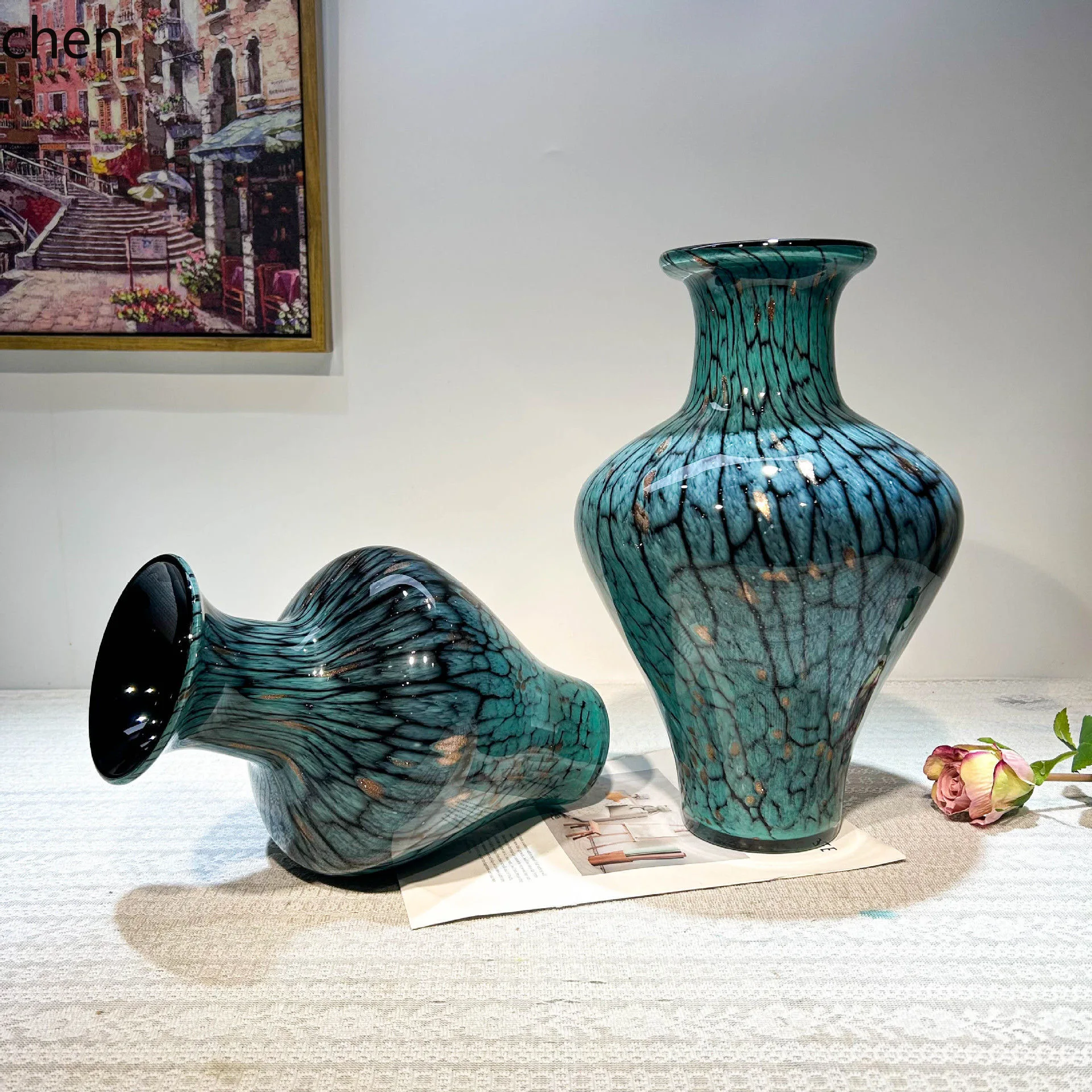 YFY  big belly blue fried pattern glazed vase high-looking guest dining room vase flower arrangement classy decoration