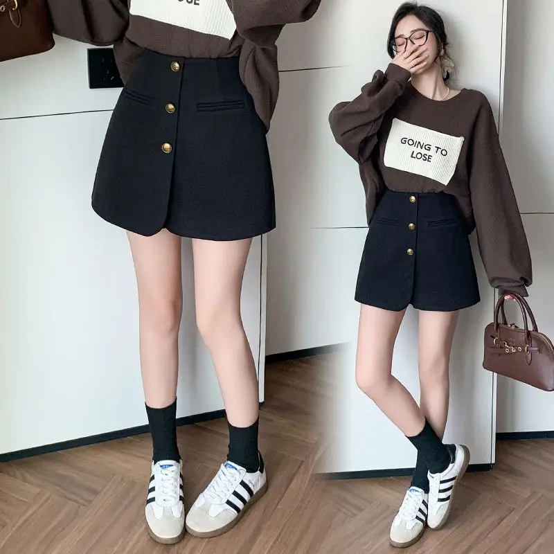 

Buttoned Solid Skirt Pants Women's A- Line Short Pants Autumn Winter Wide Leg Pant Skirt High Waist Casual Trousers TT886