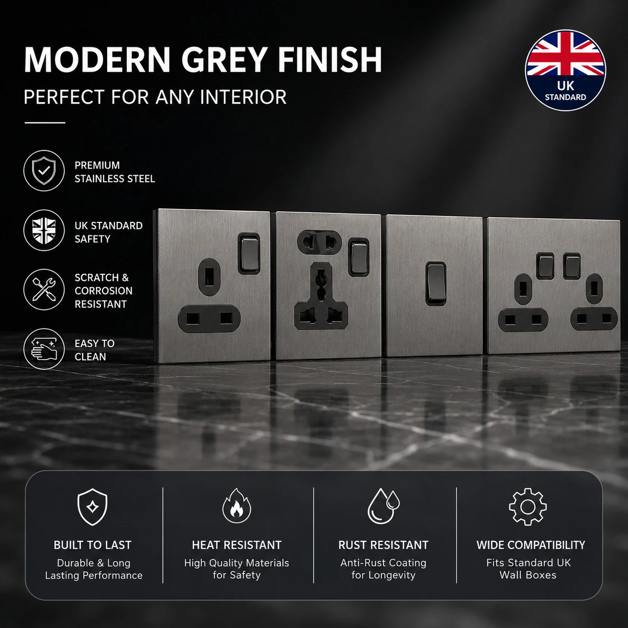 Grey Stainless Steel Metal Panel Wall Light Switch 2 Way Universal Power Socket Europe UK French Socket Type C Charger Port image 4