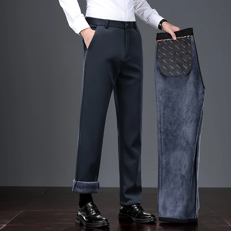 Pantaloni casual da lavoro da uomo Pantaloni foderati in pile Gamba dritta Pantaloni eleganti da ufficio invernali elasticizzati Comfort blu navy