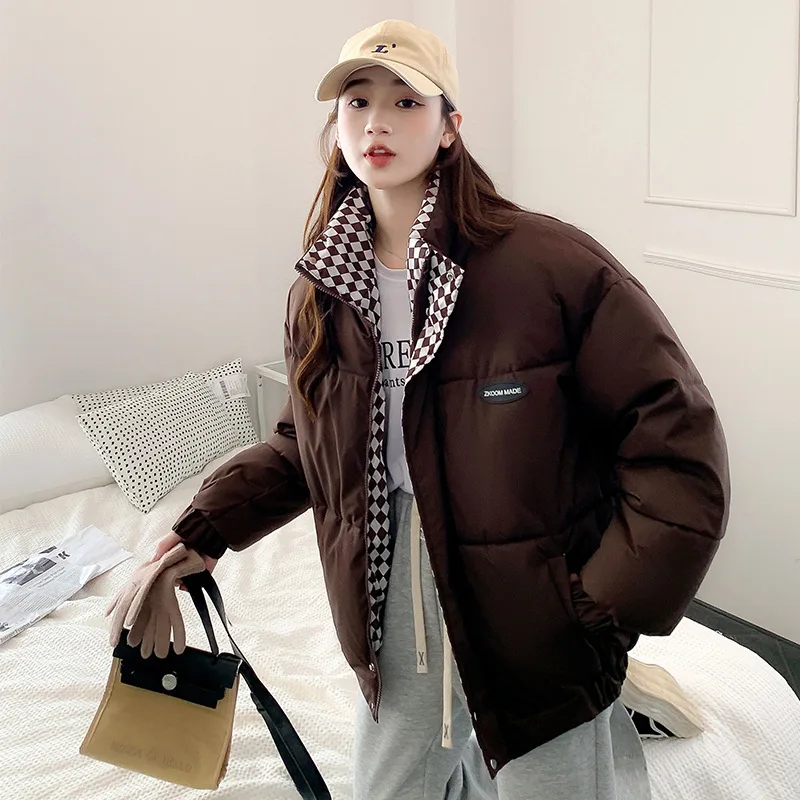 Women's Winter Parkas Inner Lining Patchwork Plaid Stand Collar Padded Warm Coats Korean Loose Full Zipper Unisex Parkas Jacket