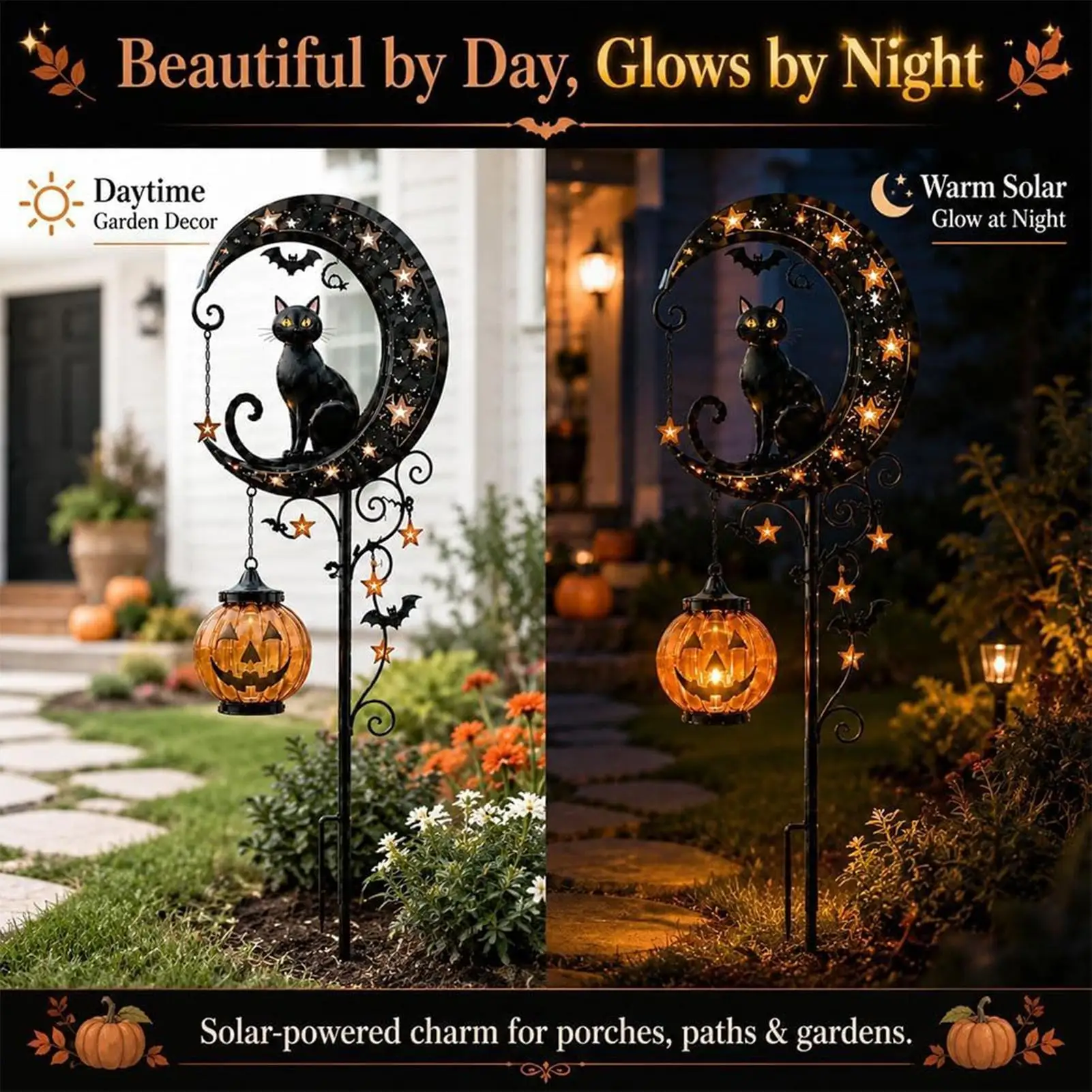 Solar Garden Stake Light Weather-Resistant Auto On Spooky Lantern Halloween Black Cat Pumpkin Light For Patio Yard Lawn Pathway