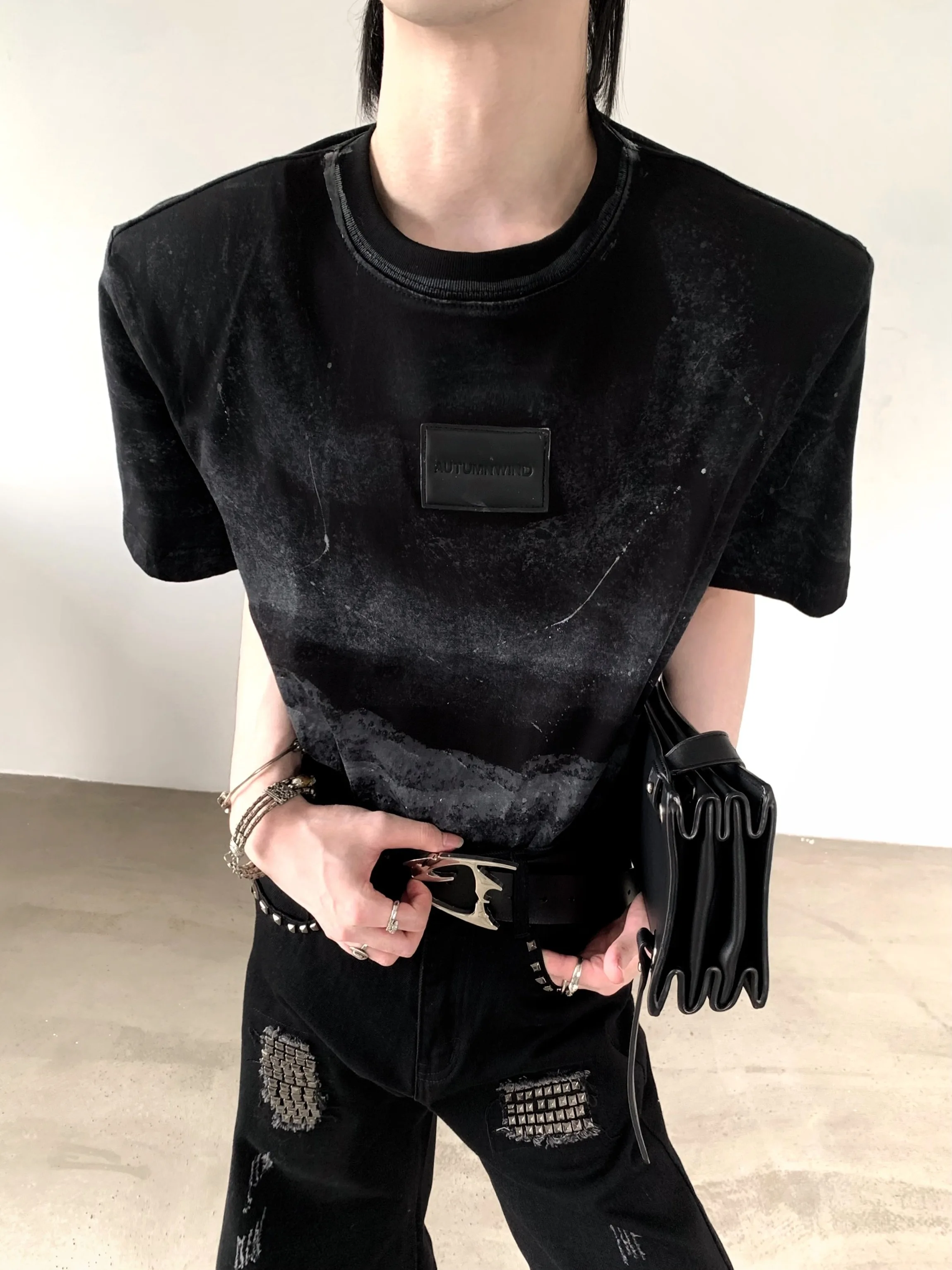 Autumn Mountain Wind Tie Dye Design Heavy Shoulder Pad Short Sleeve Men's Summer High End Retro Trendy T-Shirt Cotton Casual
