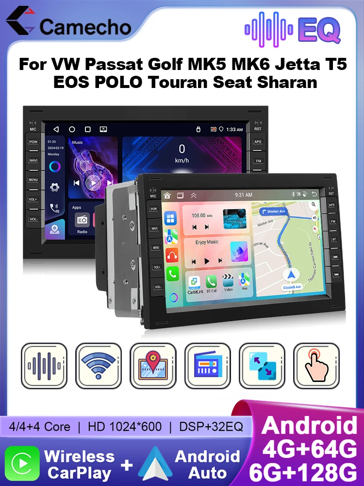 Camecho 7 "Android Auto Radio für VW BORA PASSAT POLO JETTA Carplay 6 + 128G Auto Multimedia Player GPS Wifi 2Din Autoradio