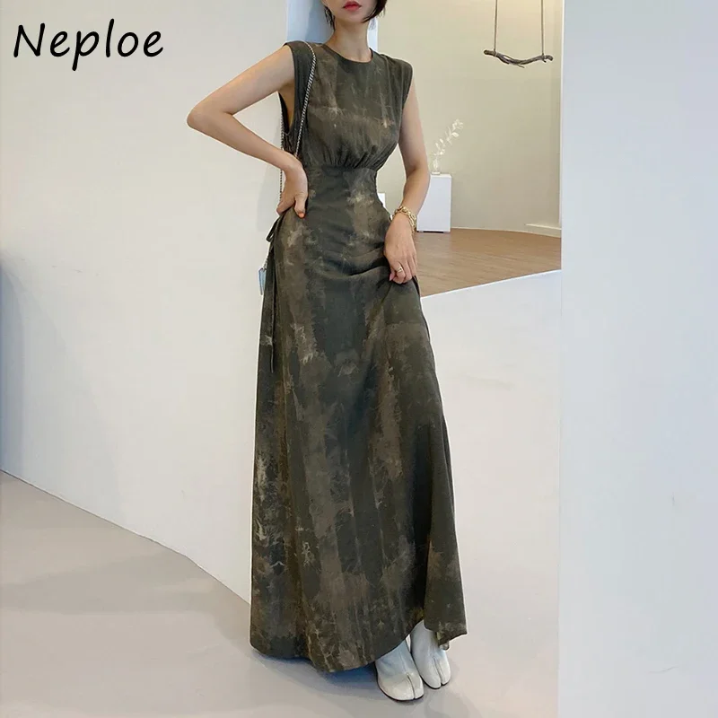 Neploe O Neck bez ramiączek sukienka bez ramiączek kobiety nadruk w stylu Vintage czeski wakacje Vestidos wysokiej talii Hip linia długa suknia