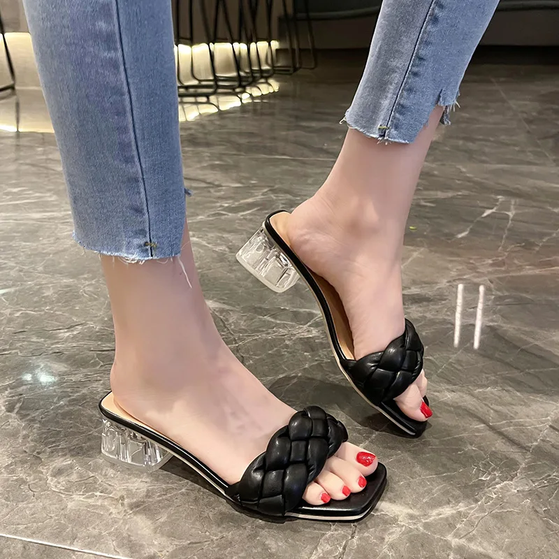 Large Size 43 Slippers Women 2022 New Fashion Square Head Woven Fashion Shoes Slides Thick Heel Sandals Low Heel Slippers Women