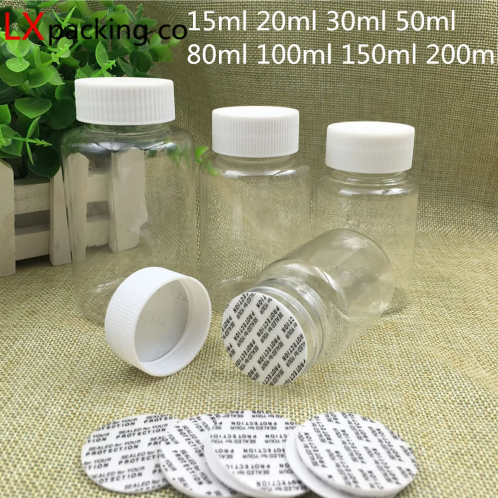 50PCS 15ML 30ML 50ML 80ML 100ML  150ML  200ML Clear Transparent Empty Plastic Pack Bottles Jars Pill Candy Bank