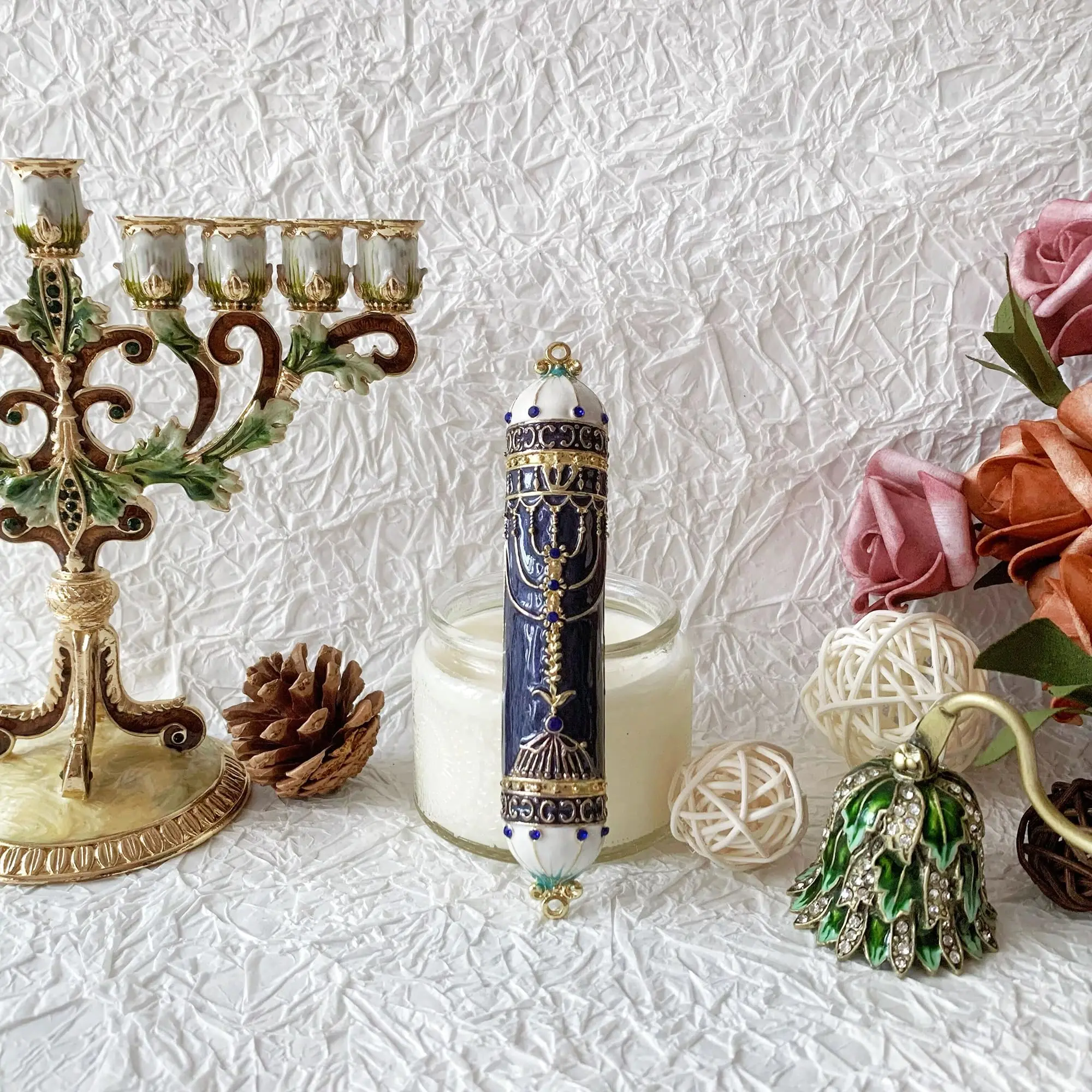 Enamel Metal Mezuzah Case for Door Jerusalem Star of David Menorah Judaica Jewish Car Home Blessing Protection Scroll Decor Gift