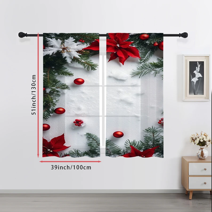 2PCS Sheer Curtains Christmas Pine Poinsettia Red Ball Berry Print, Window Voile Panels for Bedroom Living Room Xmas Home Decor