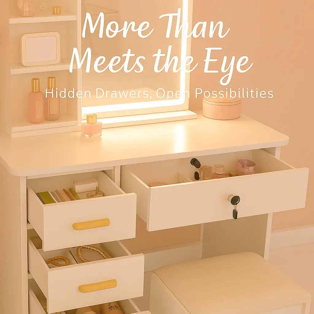 متجر Tiktok الأكثر مبيعًا، زينة بيضاء مع مرآة وإضاءة، مرآة مكياج منزلقة، ضوء LED مع 3 أوضاع ألوان، مقعد متضمن