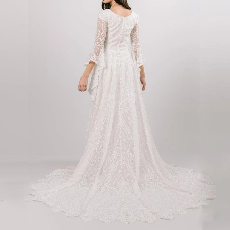 Maternity Lace Dress for Pregnant Women Long Flared Sleeves Floor Length Gown for Photoshoot Wedding Occasion Wear 15UB