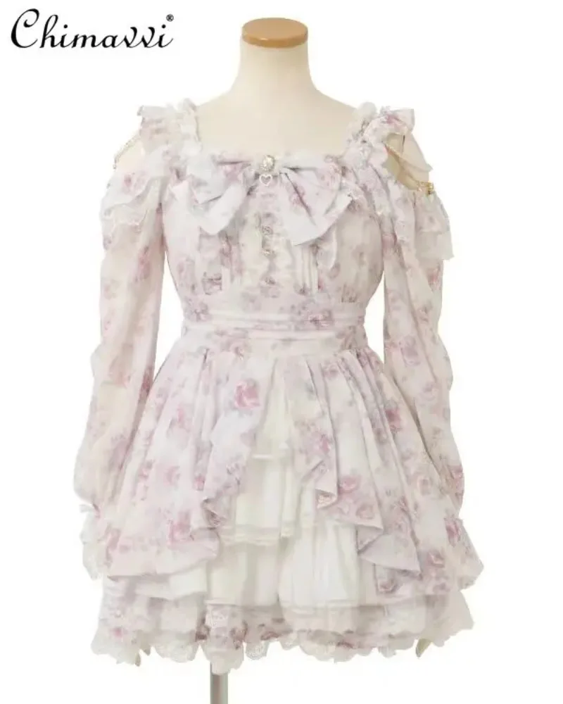 

Liz Princess Lolita Sets Autumn Japanese Mass-Produced Sweet Ruffled Lace Lace-Up Rose Ribbon Dress Top Skirt Women 2Piece Set