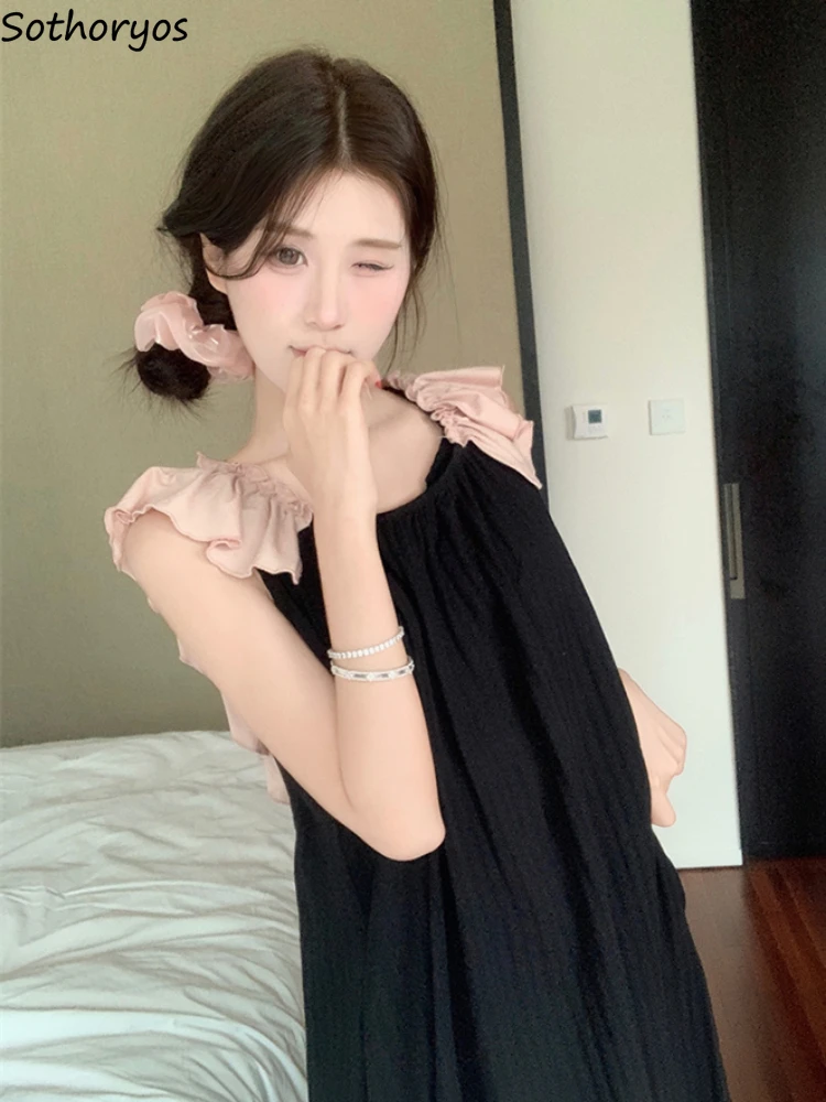 Sweet Nightgowns Women Summer Contrast Color Sexy Backless Ruffles Nightdress Cute Girlish Sleeveless Ulzzang College Sleepwear