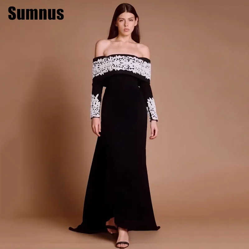 SUMNUS Abito da ballo a sirena in bianco e nero Abiti da festa eleganti con spalle scoperte Abiti formali lunghi fino al pavimento con spacco posteriore personalizzati