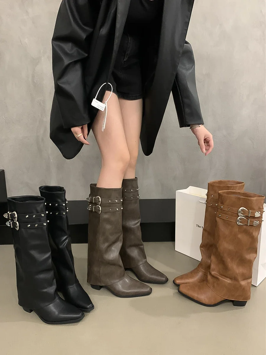 Women's Shoes 2024 Autumn/winter Retro Rivet Knight  Pile Up Boots Long Tube  Pointed Square Heel Pants Leg Boots