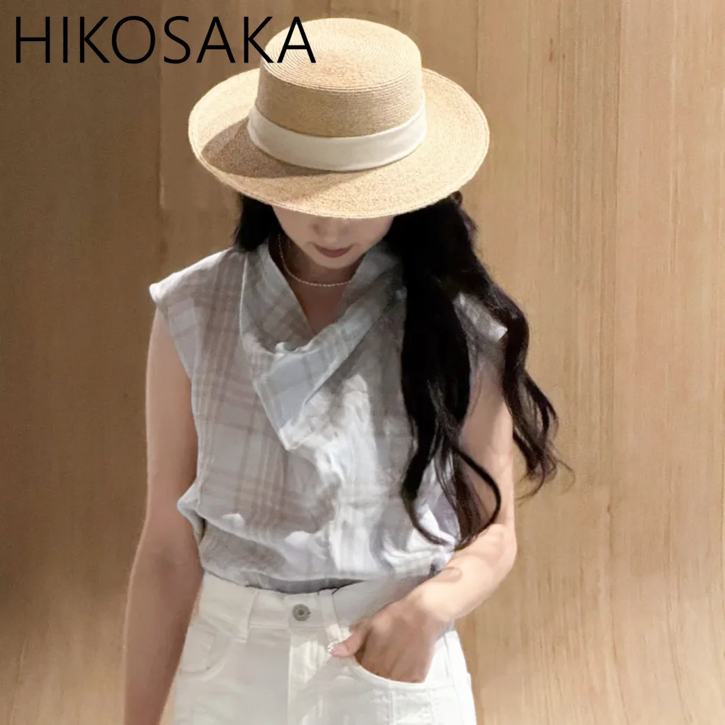 

Casual Office Lady Elegant Sleeveless Chiffon Blouse Swinging Collar Fresh Plaid Shirts Women Spring Summer All-match Blusas