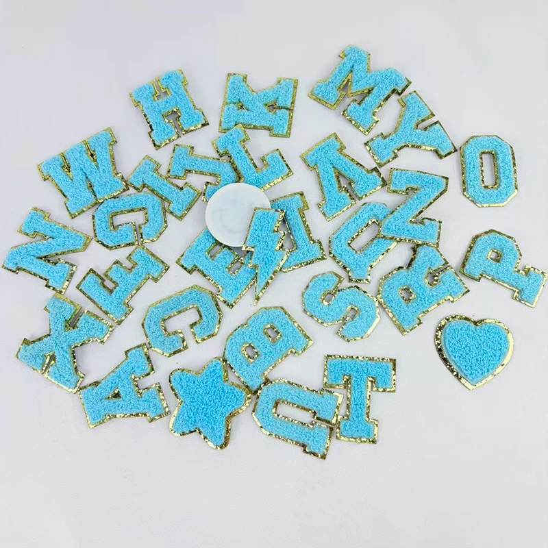Teal Letters Sticker Patch Alphabet Towel Embroidered Chenille Patches for Clothing Bags Jacket Stick on Accessories Applique