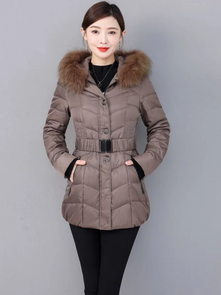 2023 Winter Parkas Women\'s Medium Length Slim Casual Raccoon Fur Collar Hooded Warm Down Jackets Female Coats Women