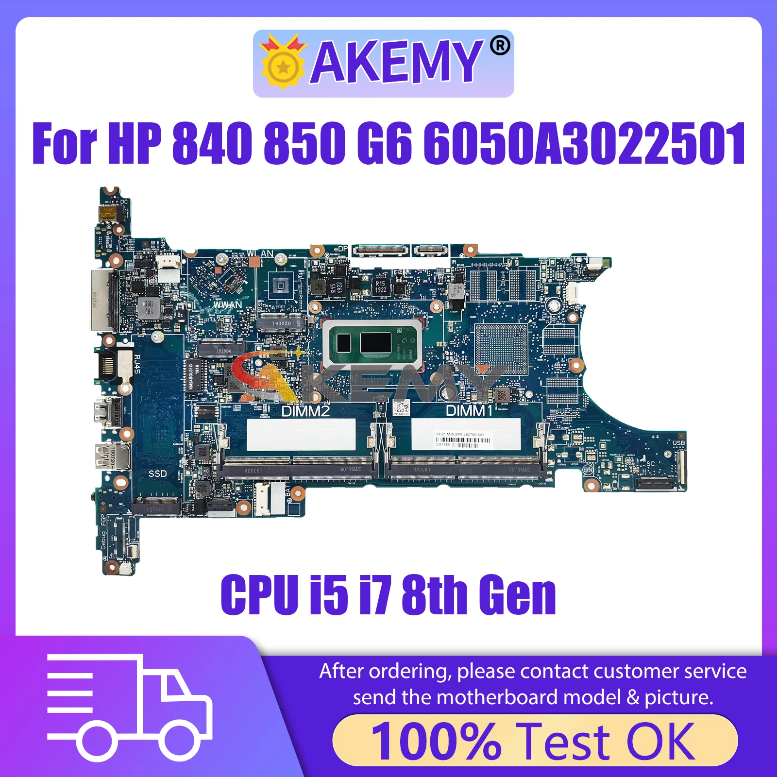 

AKEMY 6050A3022501 Laptop Motherboard For HP 840 850 G6 L62760-601 L62759-601 L62757-601 Notebook Mainboard CPU i5 i7 8th Gen