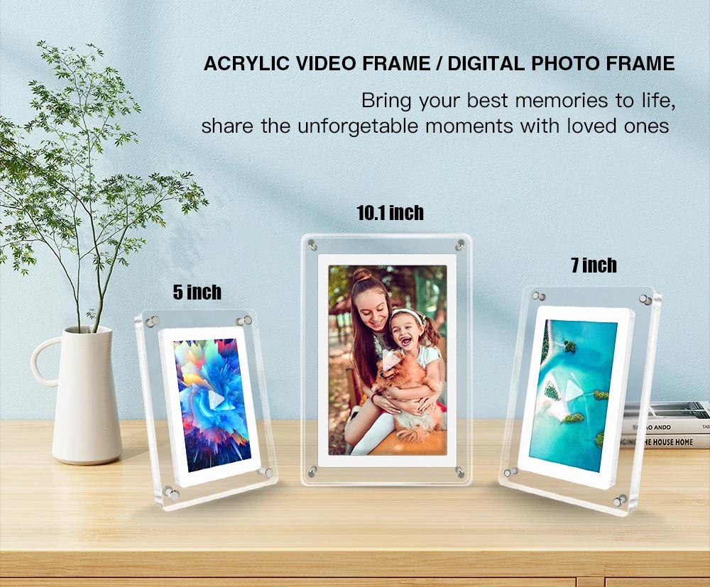 Acrylic Digital Photo Frame 5 and 7 Inch IPS Screen 4GB Memory Rechargeable Battery Auto Rotate Portable Digital Picture Frame