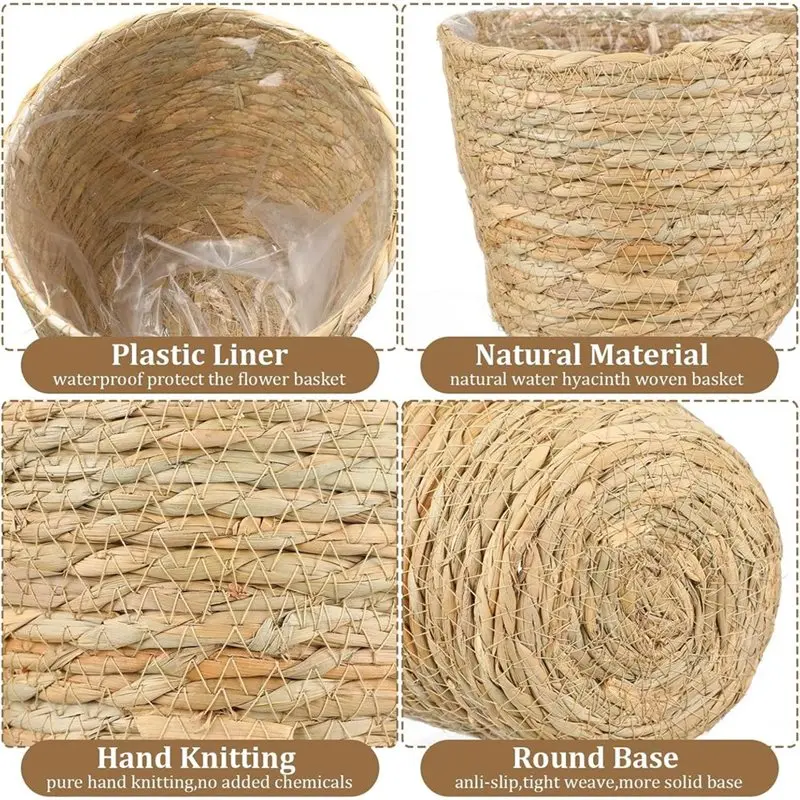 AT19-Woven Seagrass Plant Baskets 6 Pcs With Plastic Liners Bulk For Flowers For Flower Pot Covers And Room Decoration Planter