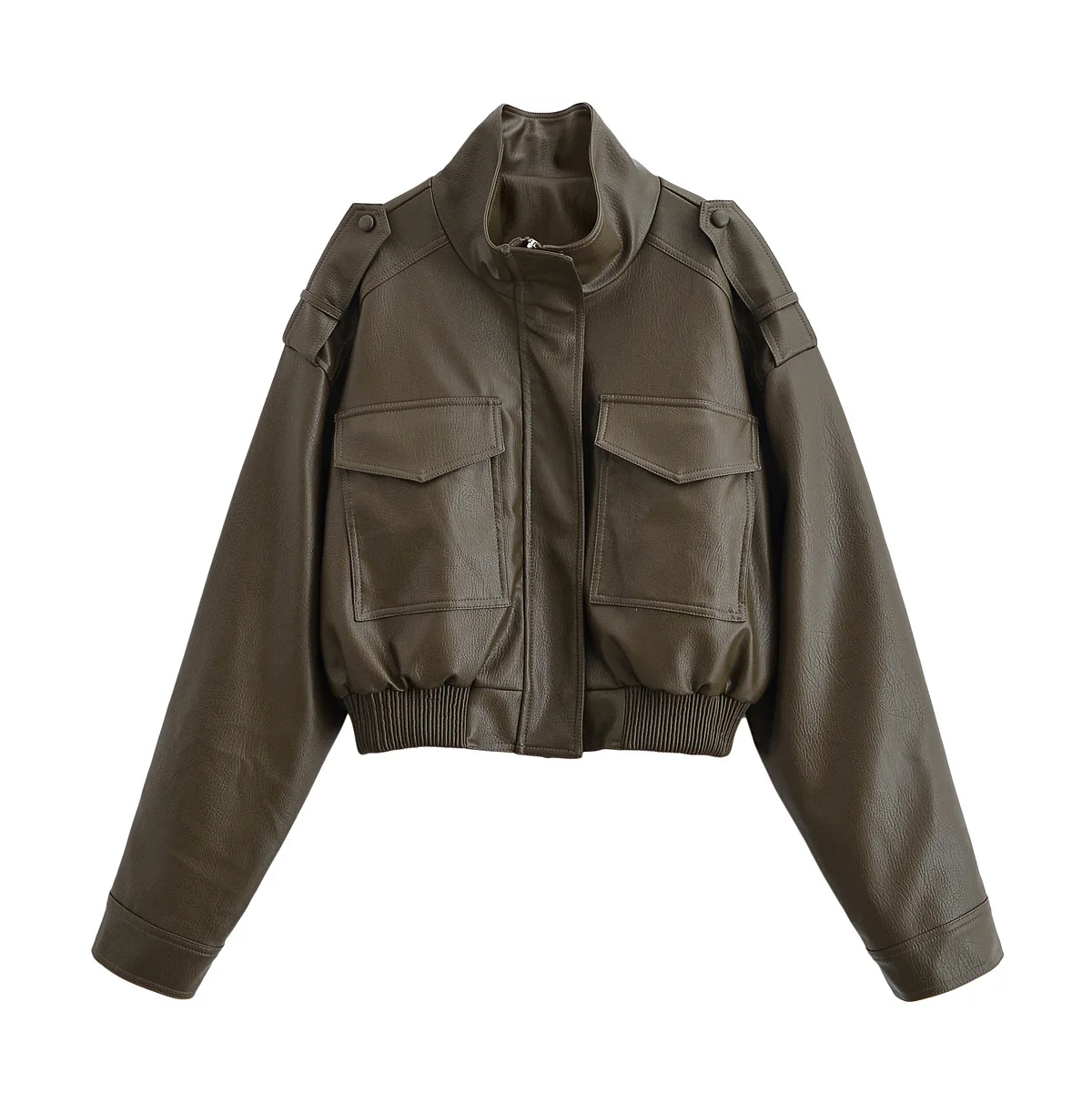 

European and American women's new American stand-up collar loose PU imitation leather pilot high waist jacket jacket