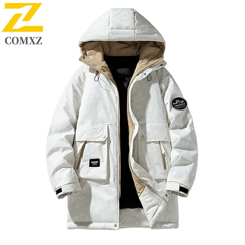 COMXZ الشتاء الرجال منتصف طول كبير الحجم أسفل سترة جديدة المعايير الوطنية 85% الأبيض بطة أسفل مقنعين تسلق بدلة رياضية في الهواء الطلق