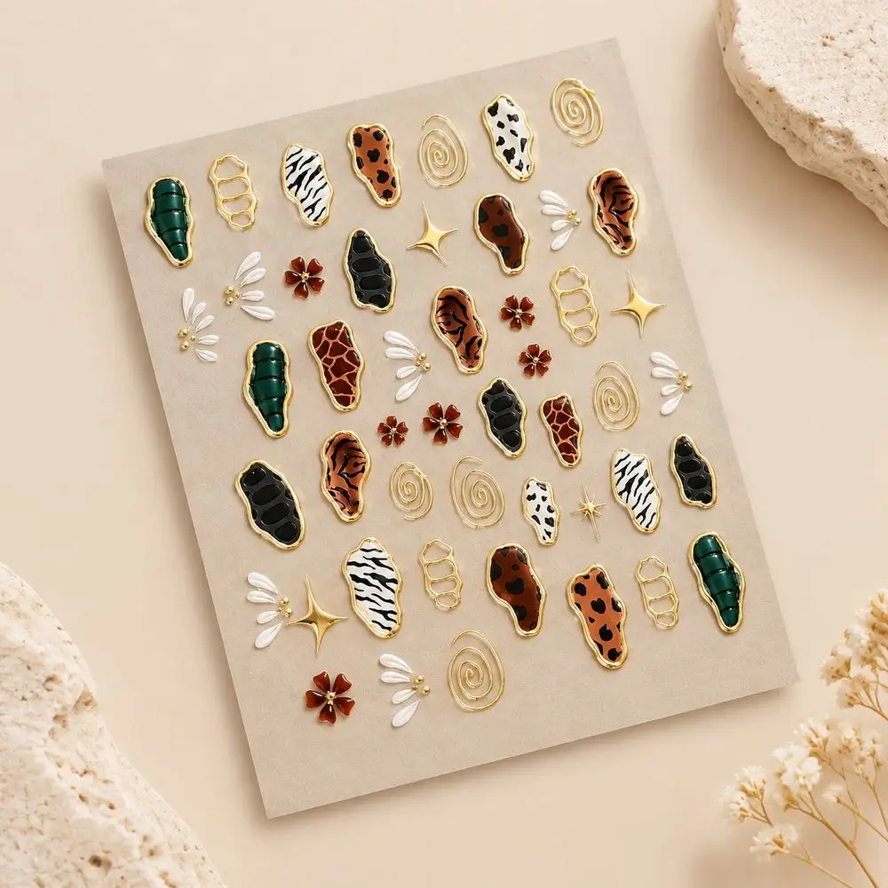 1Pc Self-Adhesive 5D Embossed Nail Sticker Rustic Wild Animal Print Gold Framed Zebra Cow Shape DIY Home Salon Nail Supplies