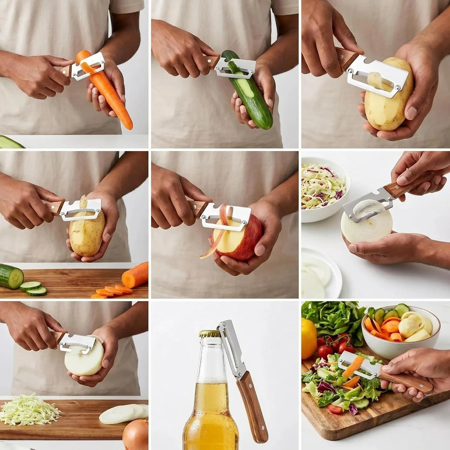 Vegetable Peeler Stainless Steel with Wooden Handle, Ultra Sharp Potato & Fruit Peeler, Multifunction Kitchen Tool with Bottle Opener, Vegetable Cutter & Slicer Handheld (2 Pcs)