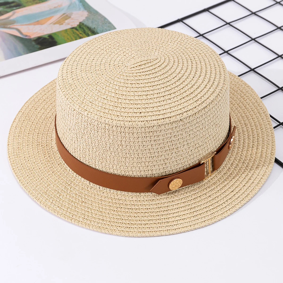 French British Belt Summer Flat Top Hat Women\'s Big Head Waist Beach Top Hat Beach Holiday Sunshade Sunscreen Straw Hat