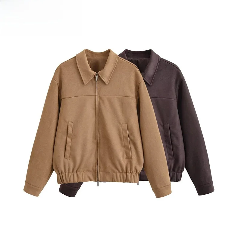 Faionable tela de gamuza piloto Jaet prendas de vestir exteriores para mujer otoño nuevo Sle 2025 moda todo fósforo cierre de cremallera abrigo largo Sve