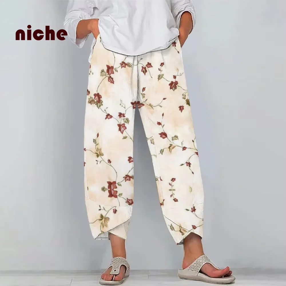 Casual Beach Pants for Women, Loose Fashion,  High Quality, Flower Print Trend, Wide Leg, Nine Point Pants