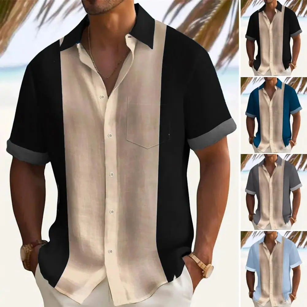 Men Short-sleeved Shirt Stylish Men's Lapel Collar Cardigan With Contrast Color Patchwork Short Sleeves Breathable For Office